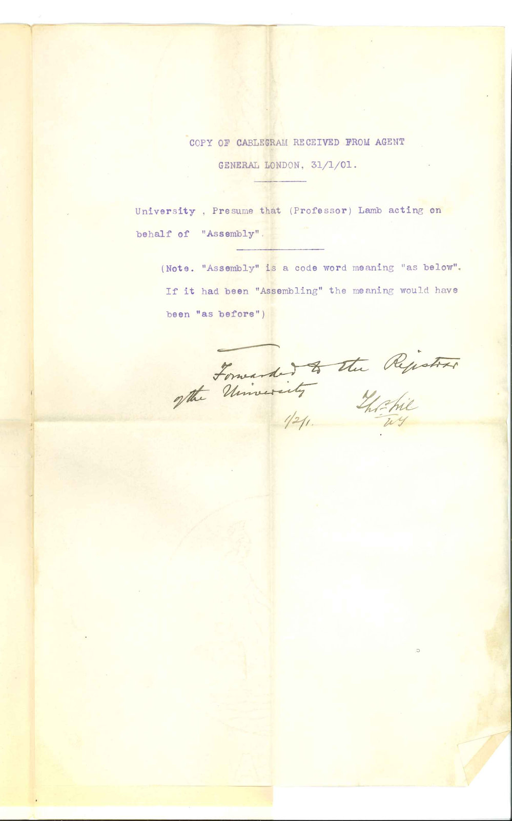 The Treasury - Adelaide - Forwarding cablegram received from Agent General