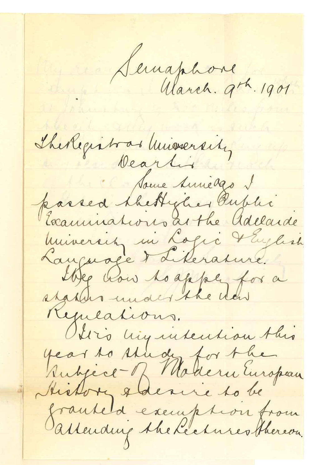 Reverend S J Martin - Semaphore - Admission ad eundem statum and exemption from attendance at lectures