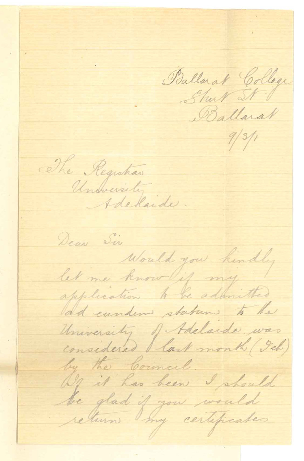 E R Johnson - Ballarat - Concerning application for admission ad eundem statum