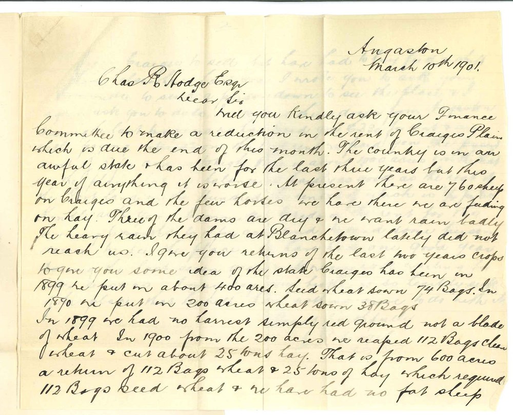 J P Heggie - Angaston - Asking for reduction in rent of land at Craiges Plain