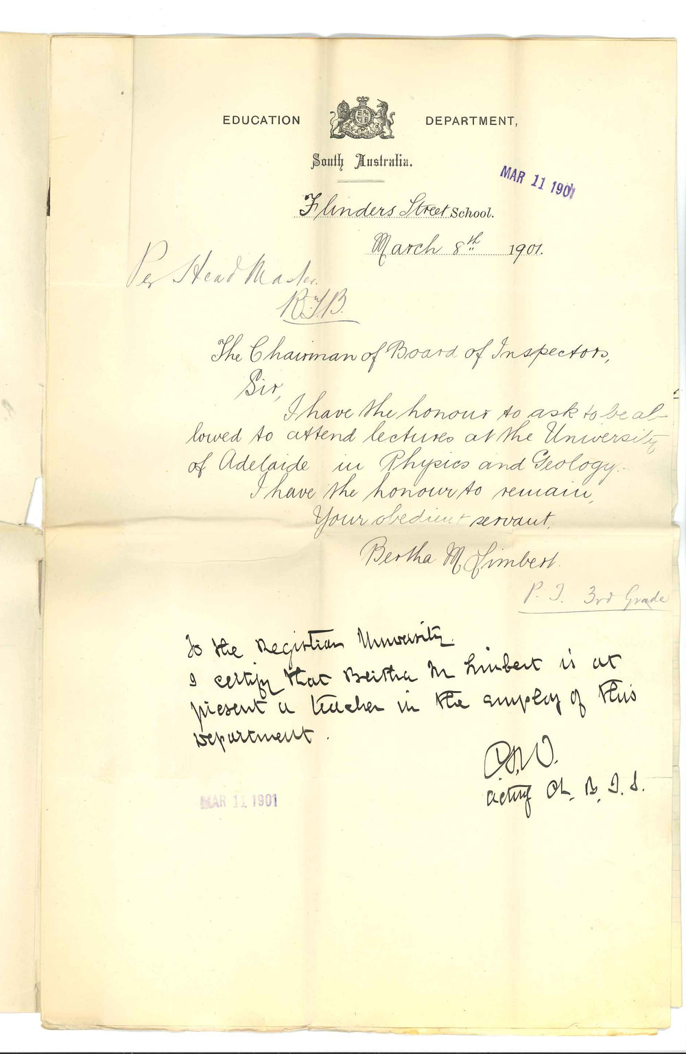 Education Department - Adelaide - Admission of Students Limbert Bromley John Buring and Whitham