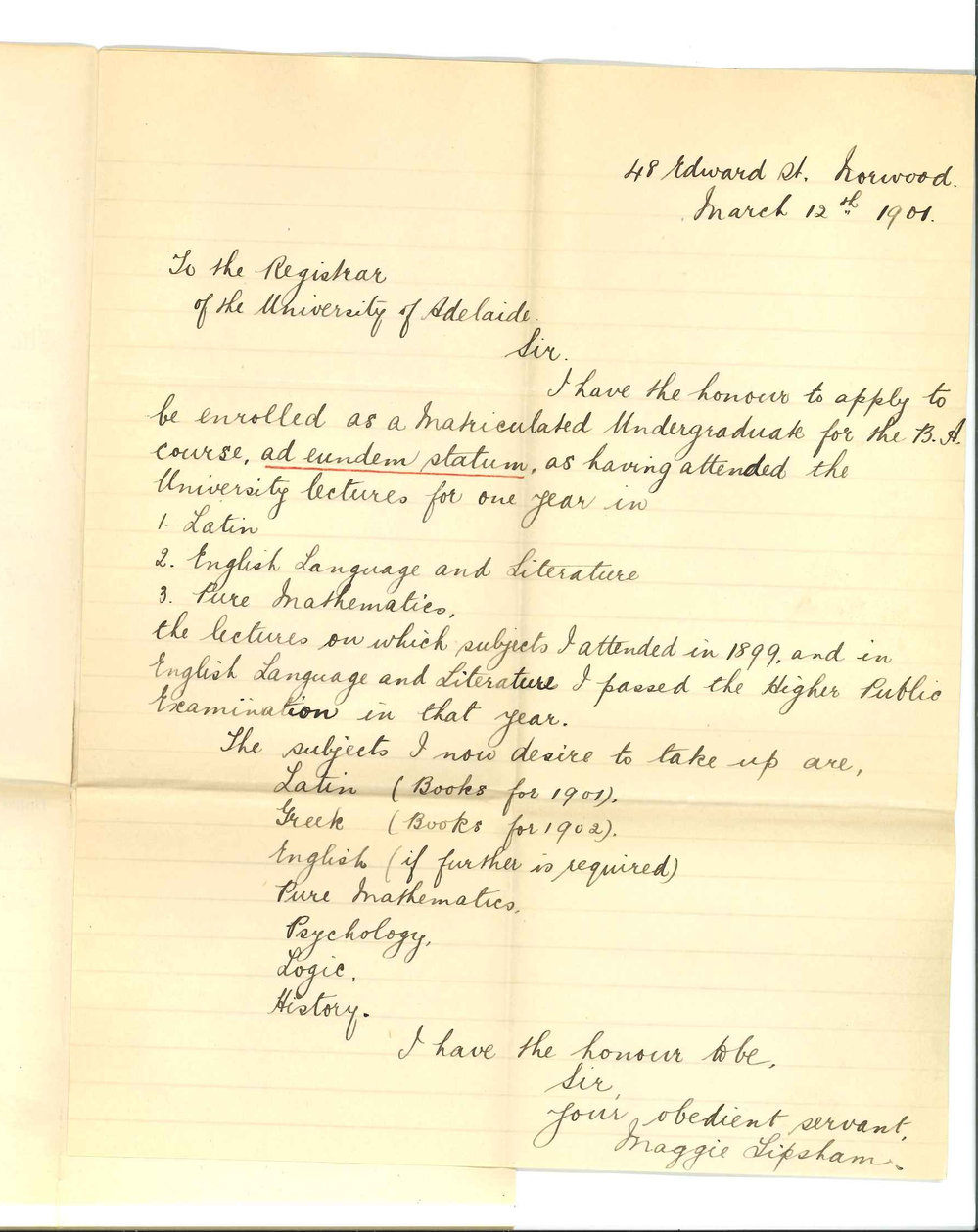 Maggie Lipsham - 48 Edward Street Norwood - Application for Admission ad eundem statum