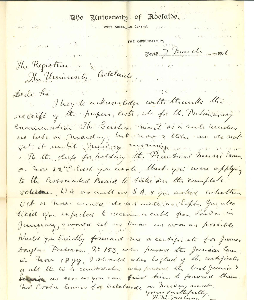 Henry Maurice Joscelyne - Perth - Acknowledging receipt of Preliminary Exam Papers Music Examination WA Request for Certificates