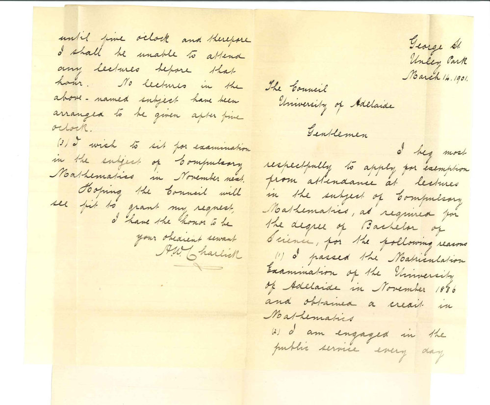 H W Charlick - Unley Park - Exemption from attending lectures in Compulsory Mathematics