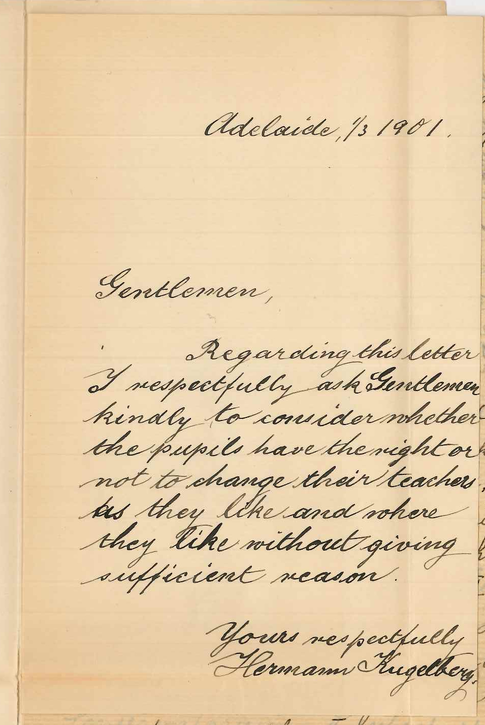 Hermann Kugelberg - Adelaide - Concerning transfer of a pupil Miss Carlien Jurs