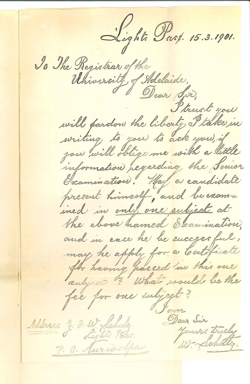 J F W Schultz - Lights Pass - Requesting information Senior Public Examination