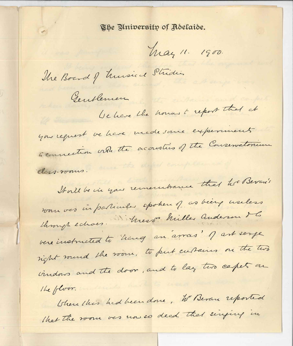 Professor William Henry Bragg and Professor Joshua Ives - The University - Report on experiments performed in connection with the acoustics of the Conservatorium class rooms