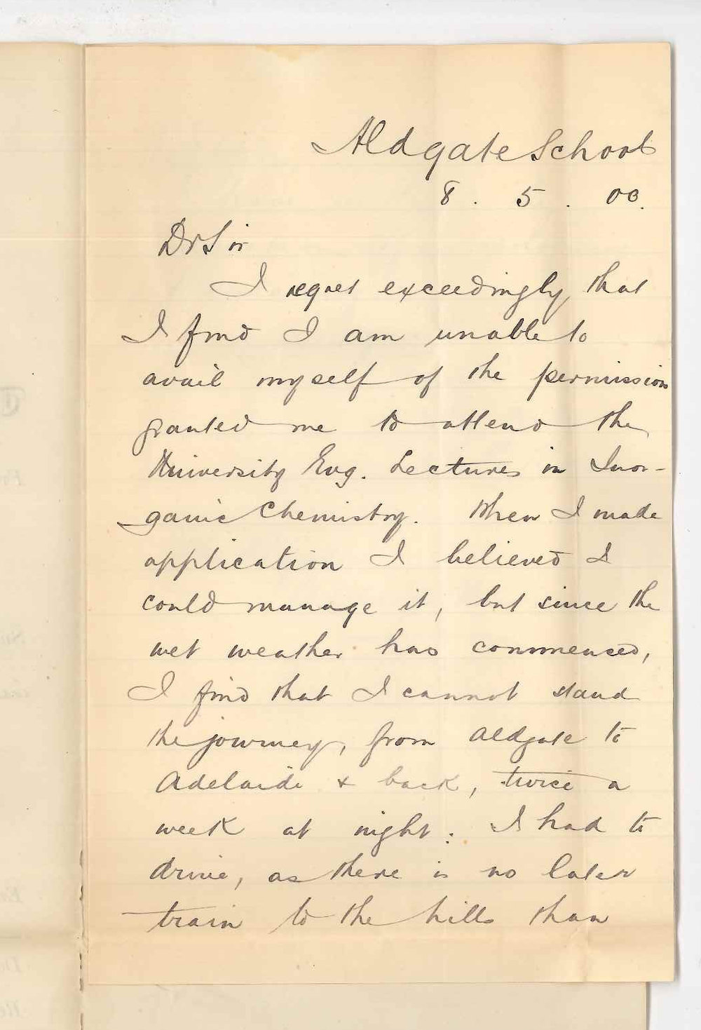 J G Roberts - Aldgate - Unable to attend lectures in Inorganic Chemistry
