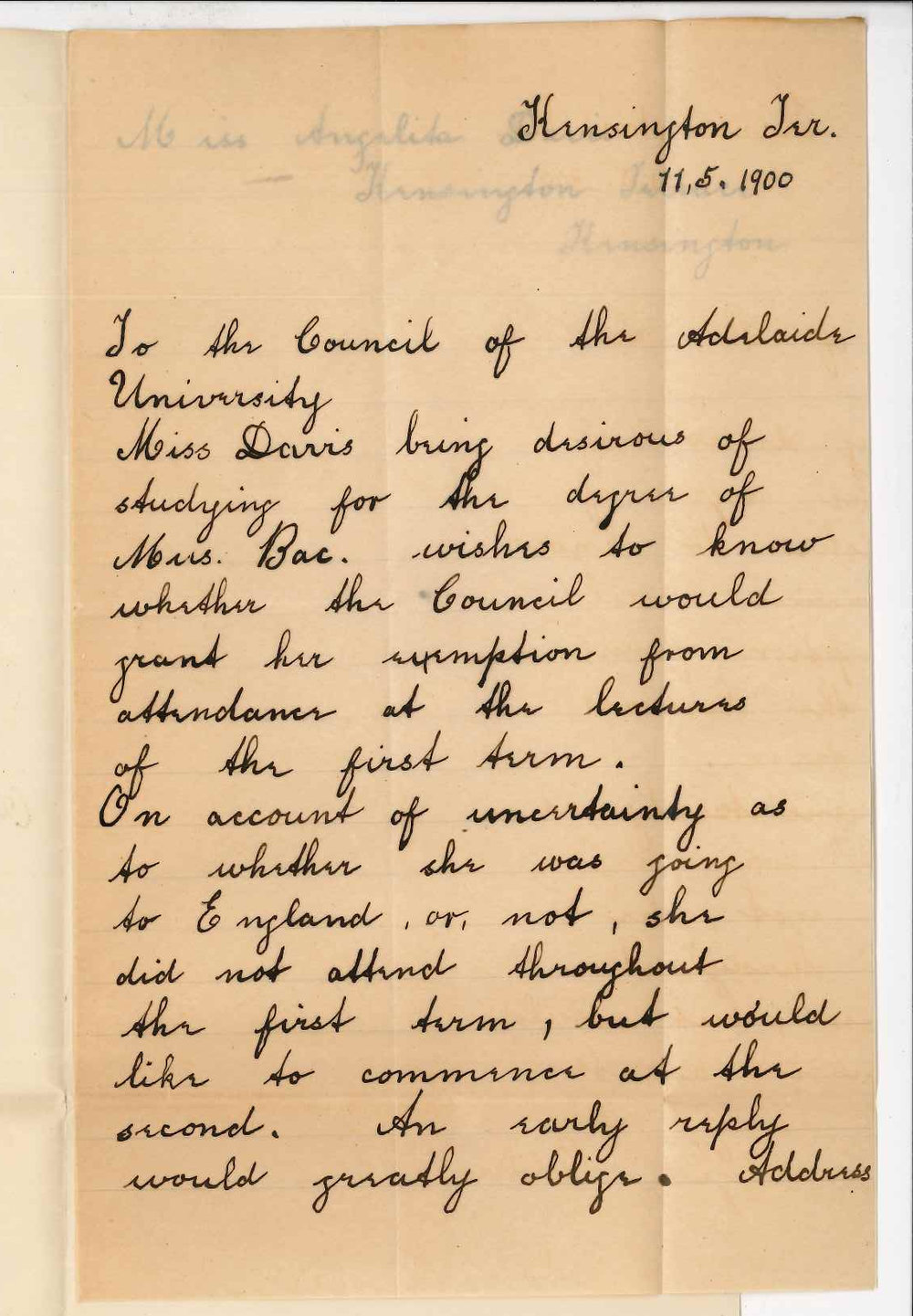 Miss Angelita Davis - Kensington - Exemption from Music Bachelor lectures during first term