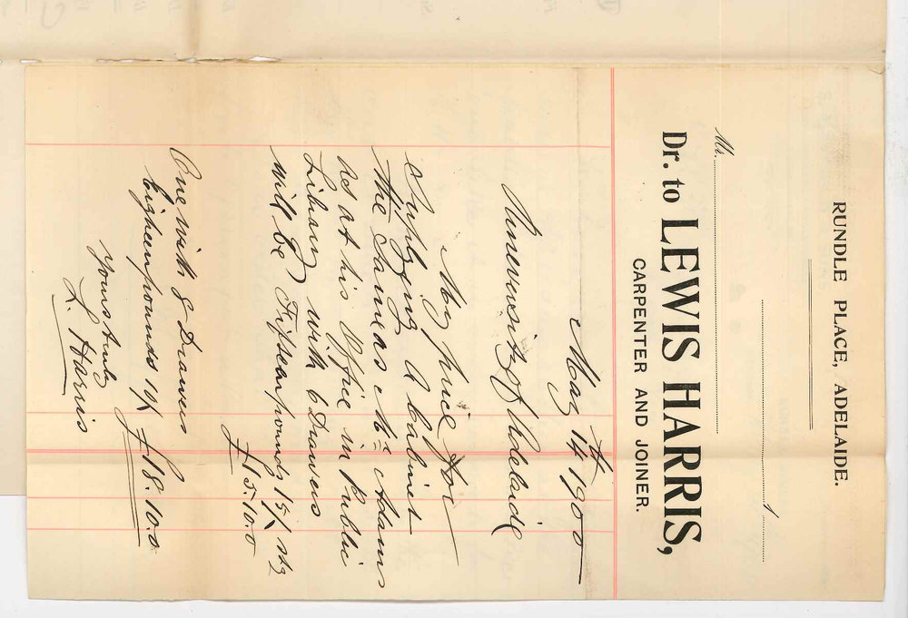 Lewis Harris - Carpenter and Joiner and S Mayfield and Sons - Cabinetmakers Upholsterers and Undertakers - Adelaide - Tenders for card cabinet