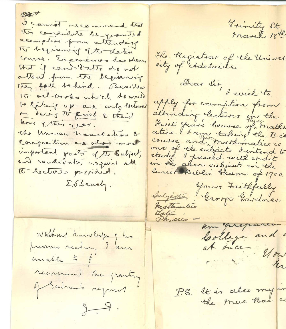George Gardner - College Town - Thanks for Evening Scholarship and application for exemption from lectures until 15th April 1901