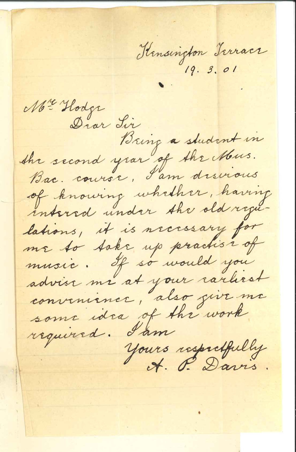 Miss A P Davis - Norwood - Concerning Mus Bac Course