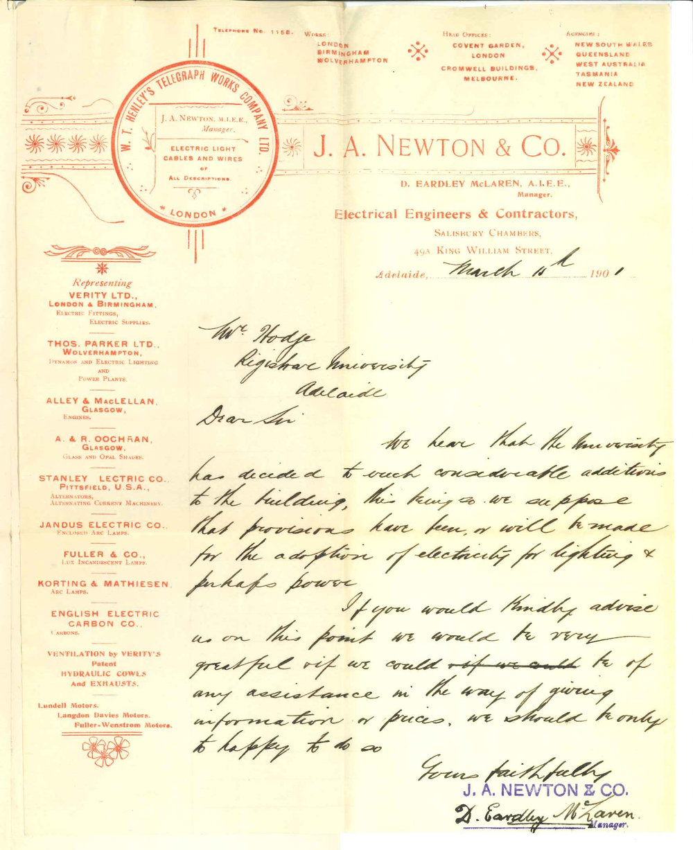 J A Newton and Company - Adelaide - Concerning lighting of University with Electricity