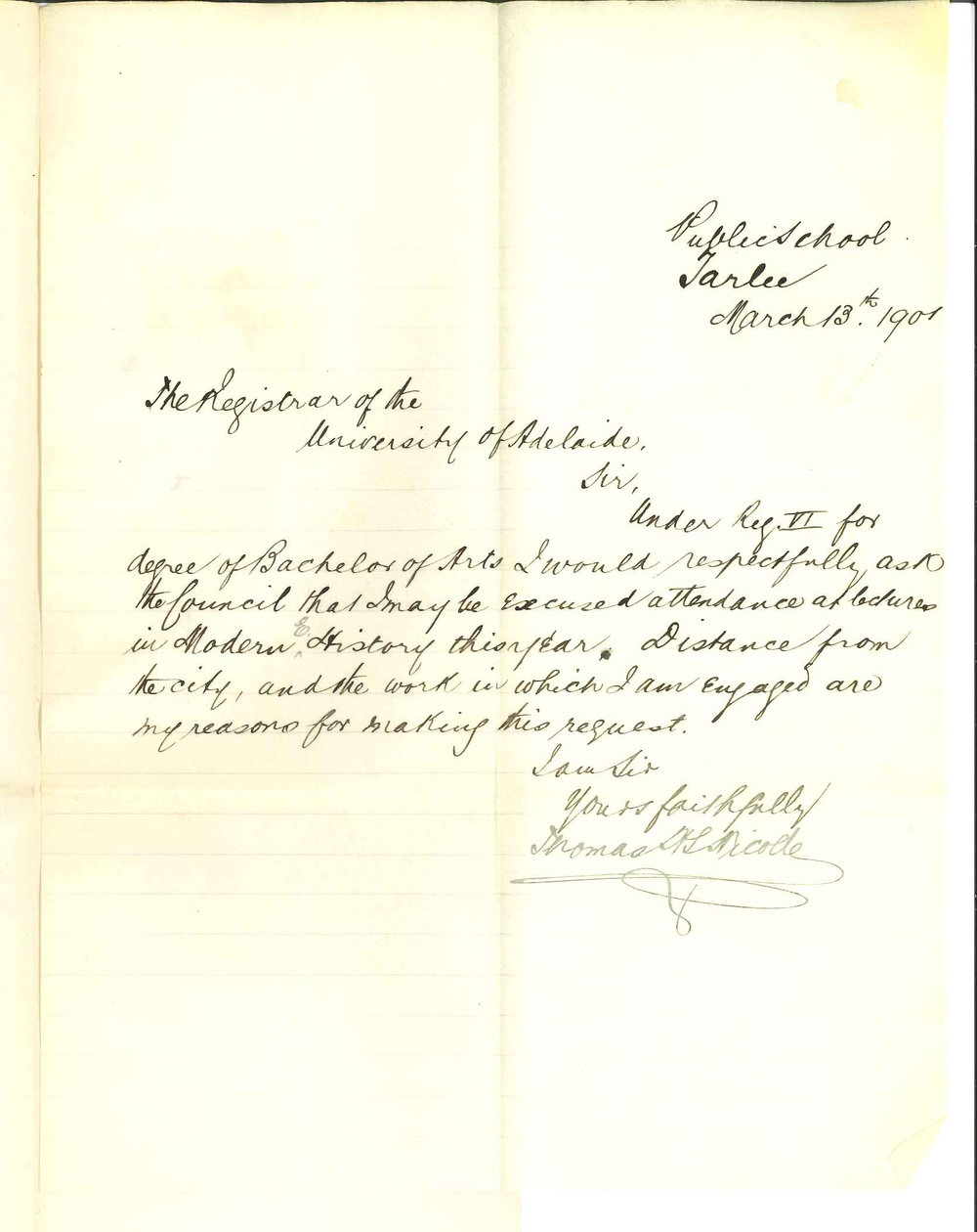 Thomas Nicolle - Tarlee - Exemption from attendance at lectures