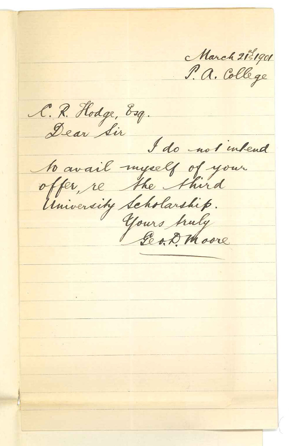 George P Moore - Prince Alfred College - Unable to accept University Scholarship