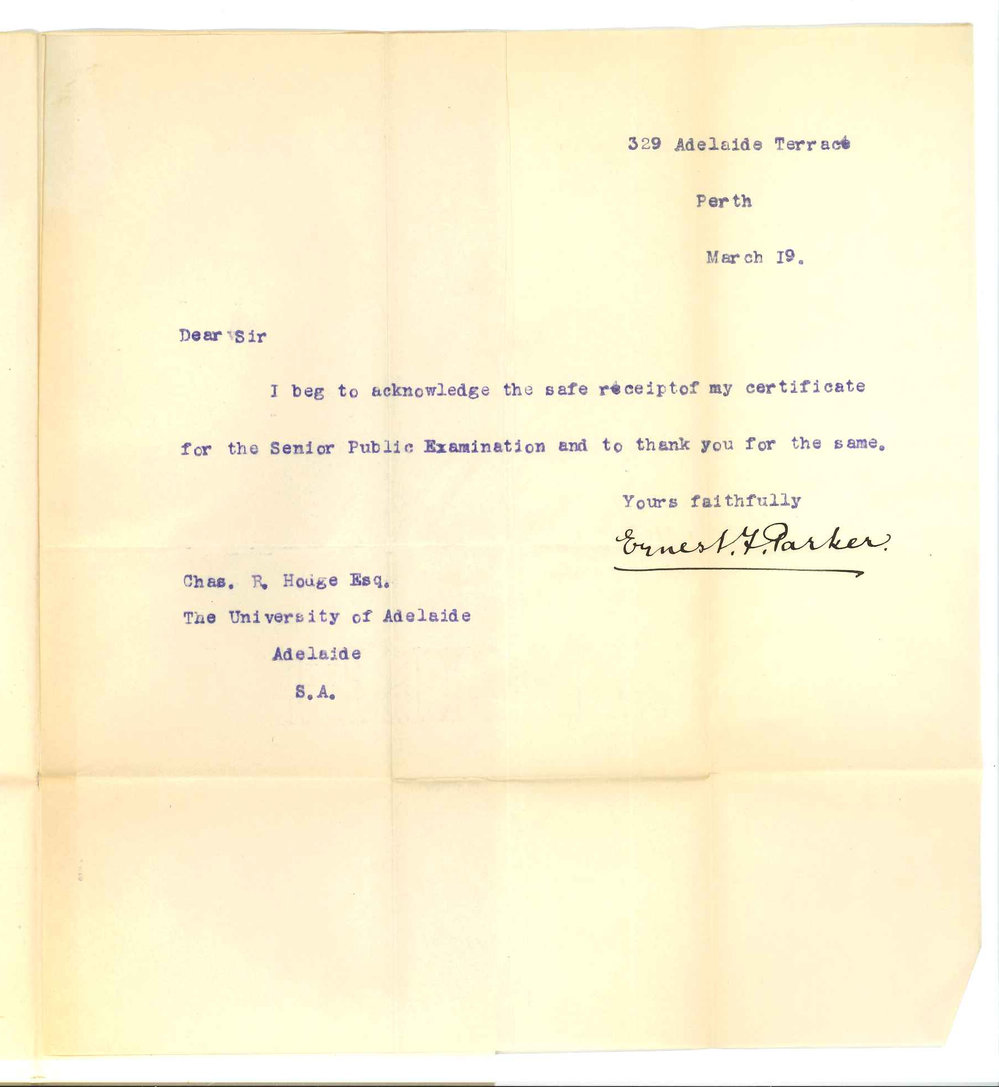 Ernest F Parker - Perth - Acknowledging receipt of Certificate