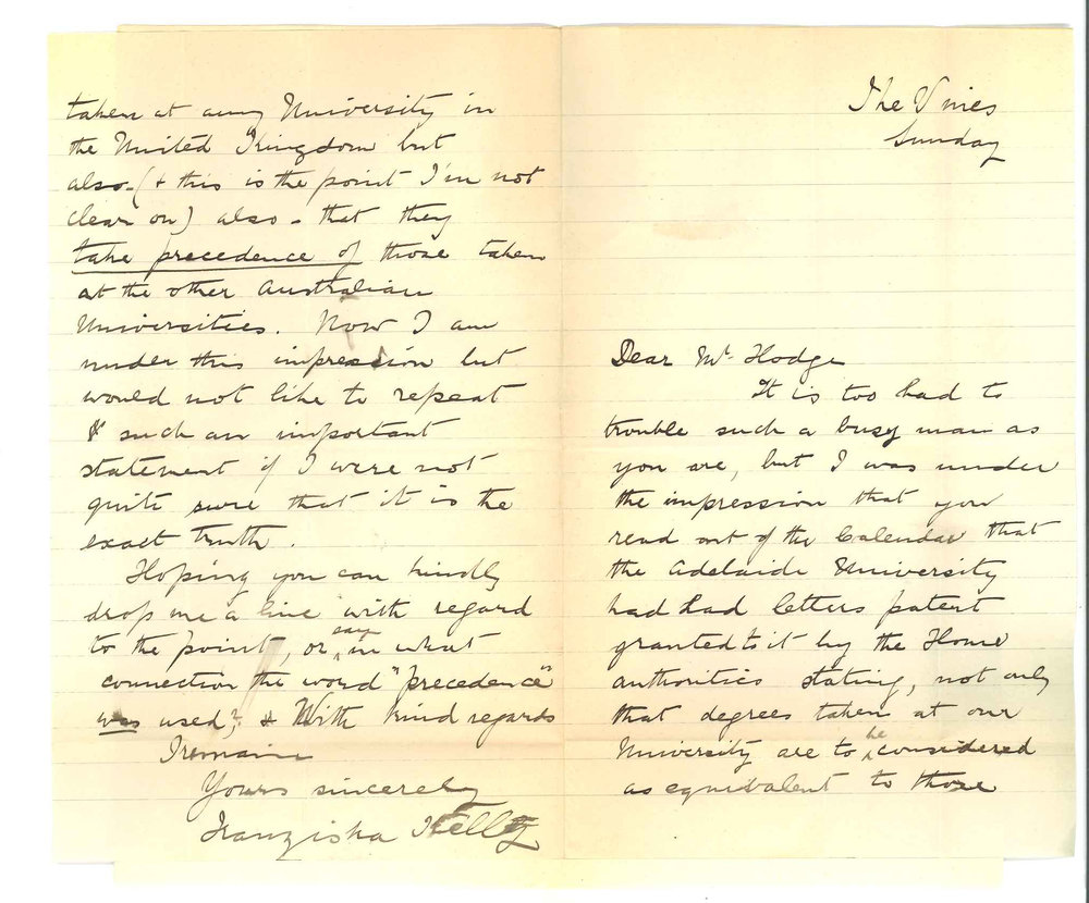 Mrs J G Kelly - McLaren Vale - Concerning recognition of degrees of University of Adelaide in Untied Kingdom