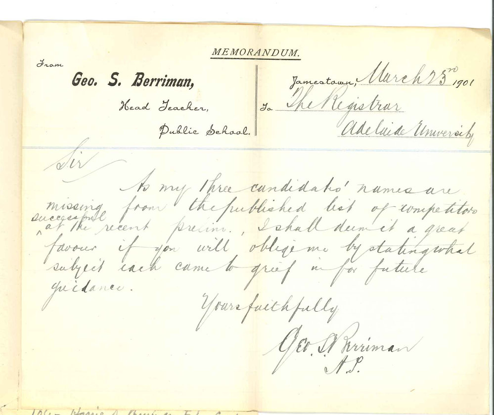 George S Berriman - Jamestown - Failure of candidates in Preliminary Examination