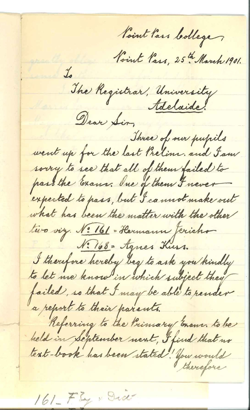 C Krichauff - Point Pass - Failure of candidates in Preliminary Examination and Text Books in Primary Public Examination