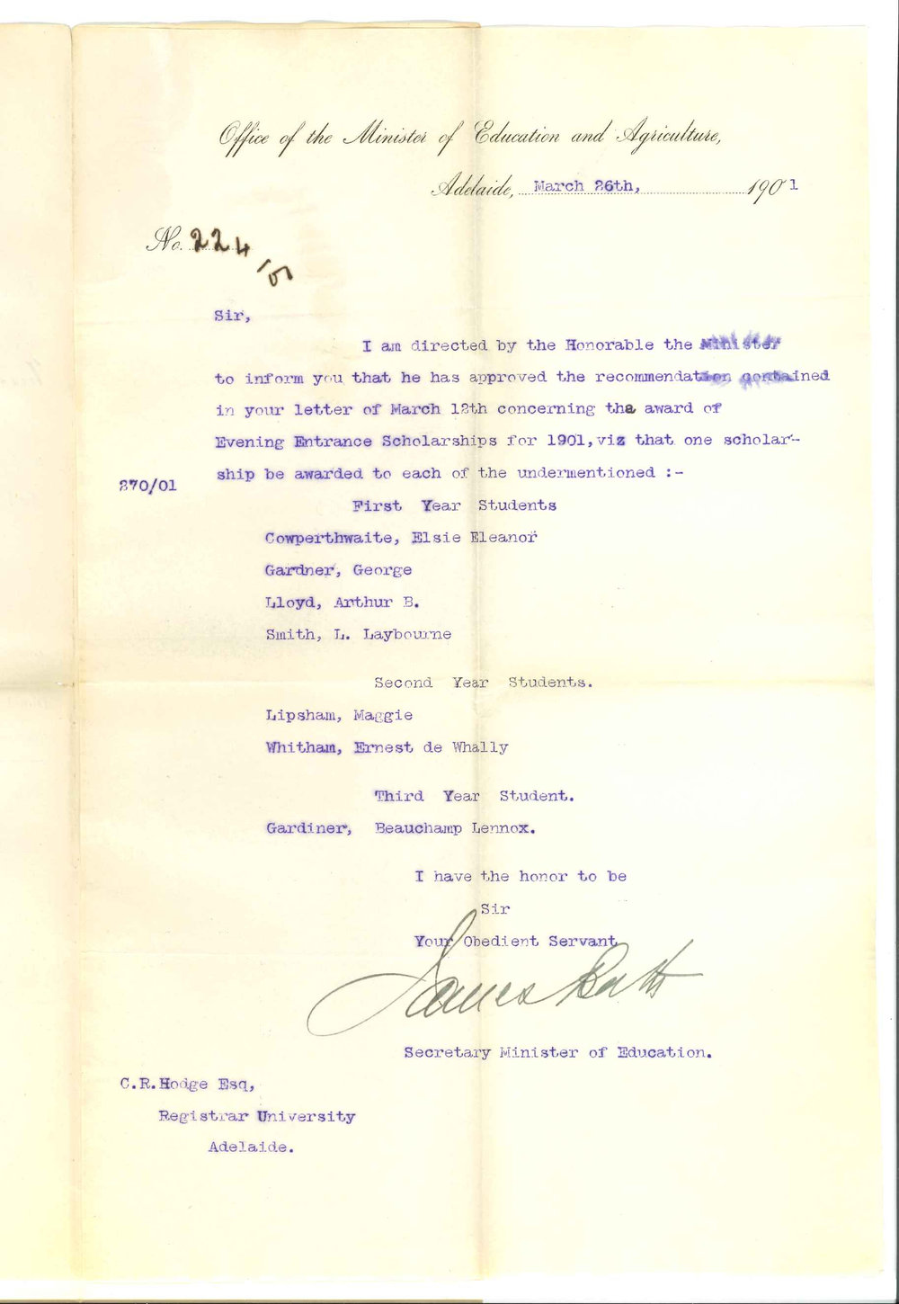 James Bath - Secretary Minister of Education and Agriculture - Approves award of Evening Scholarships