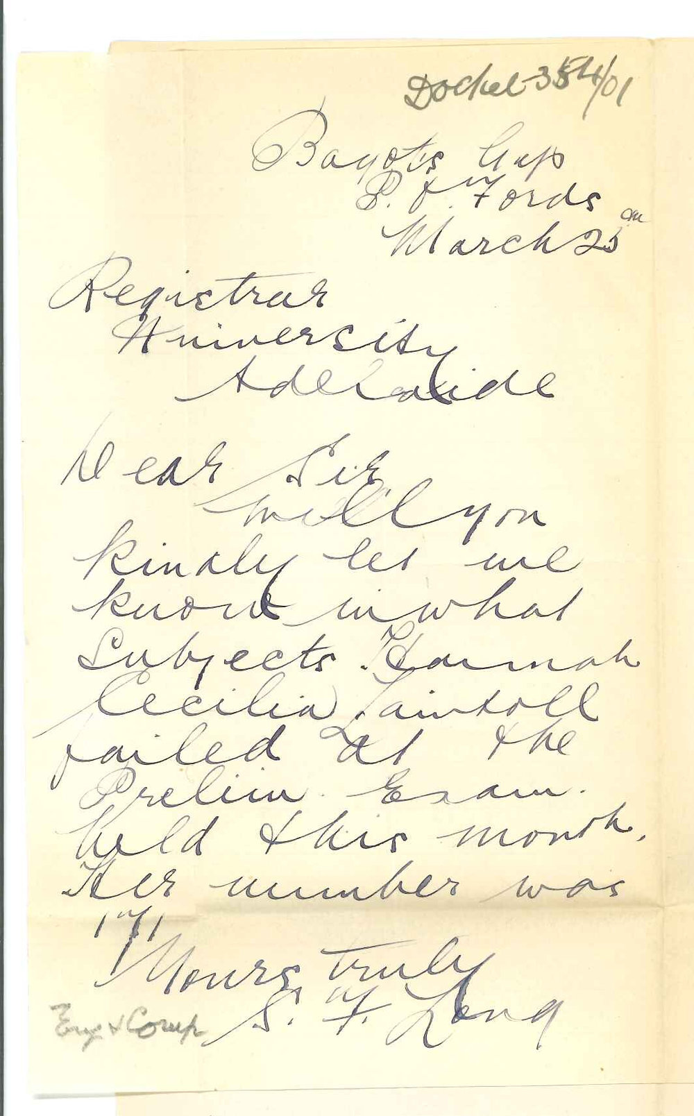 Miss S F Long - Bagots Gap - Failure of candidate in Preliminary Examination