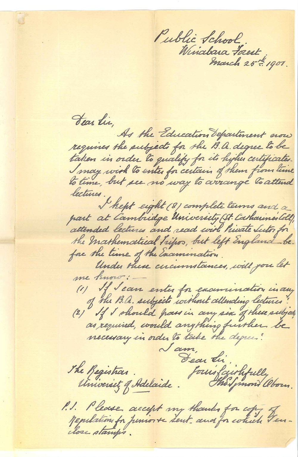 Thomas Symons Oborn - Wirrabara Forest - Exemption from attendance at lectures BA Course