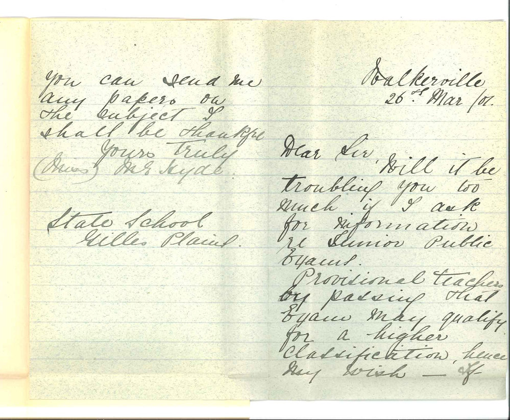 Miss M E Hyde - Gilles Plains - Requesting information concerning Senior Public Examinations