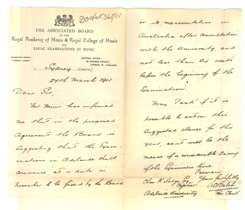 A E Balch - Res Clerk Associated Board Offices Sydney - Date of Music Examinations in Adelaide