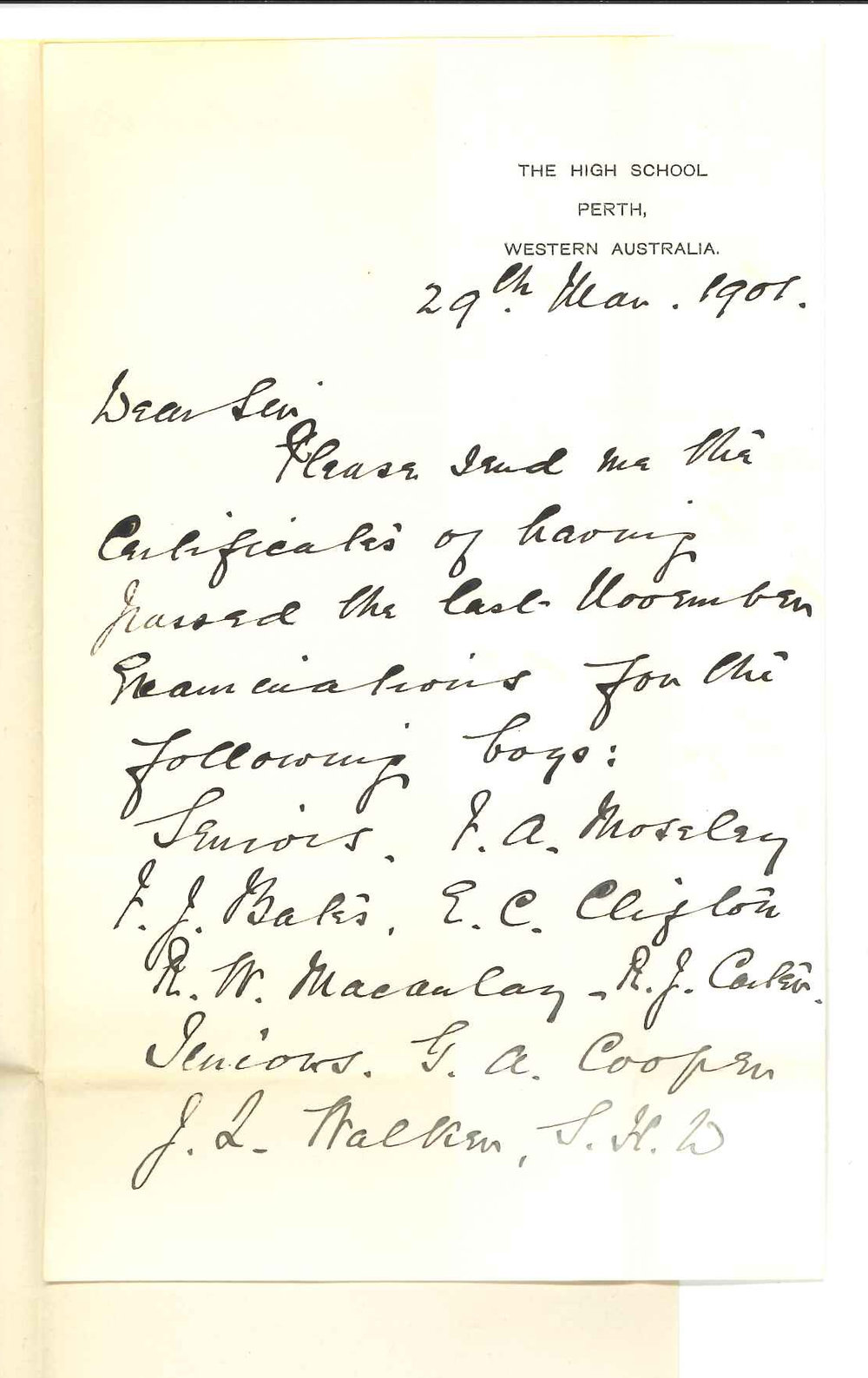F C Faulkner - High School Perth - Requesting Certificates