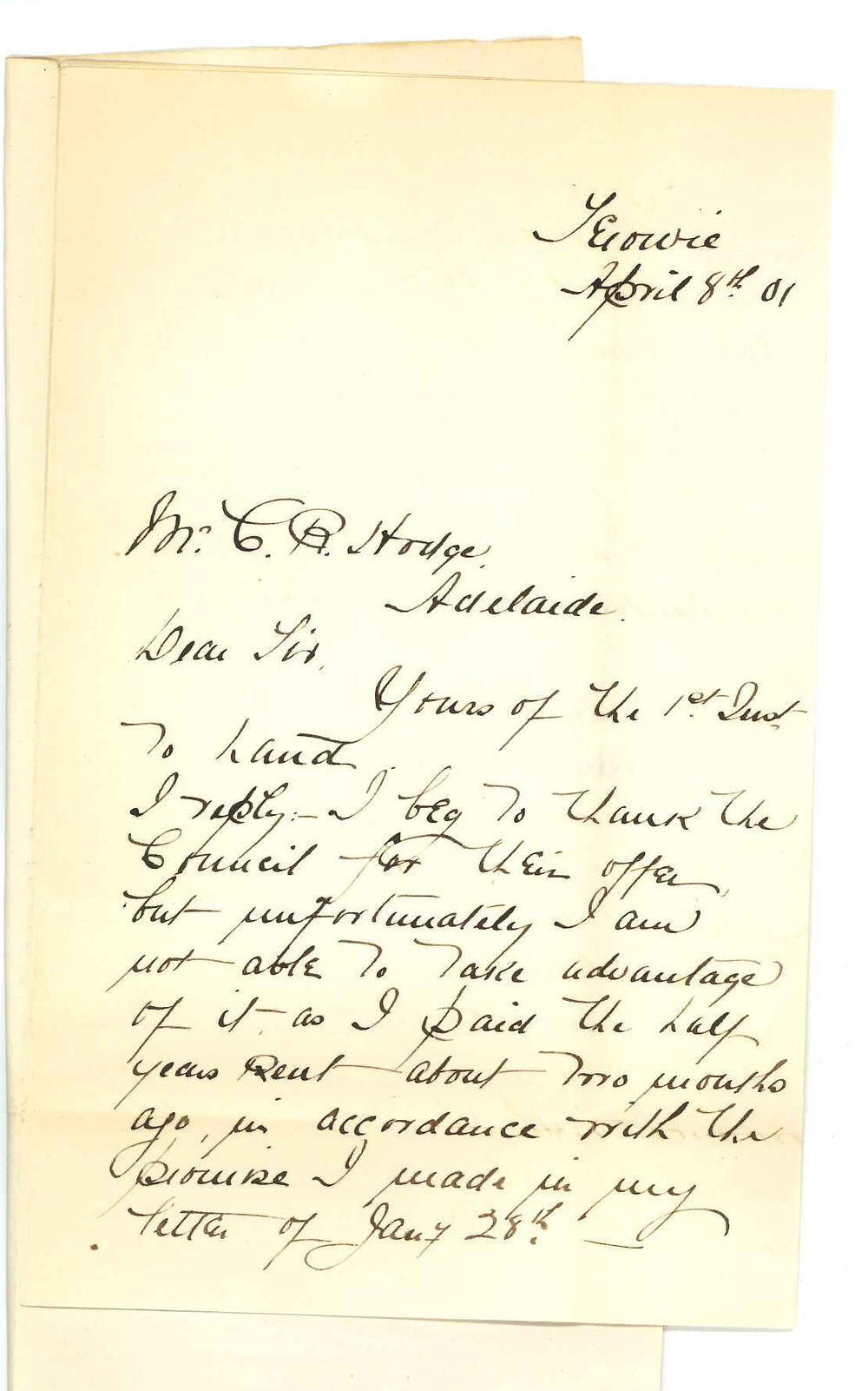 L A Parkin - Terowie - Concerning rent of land at Terowie