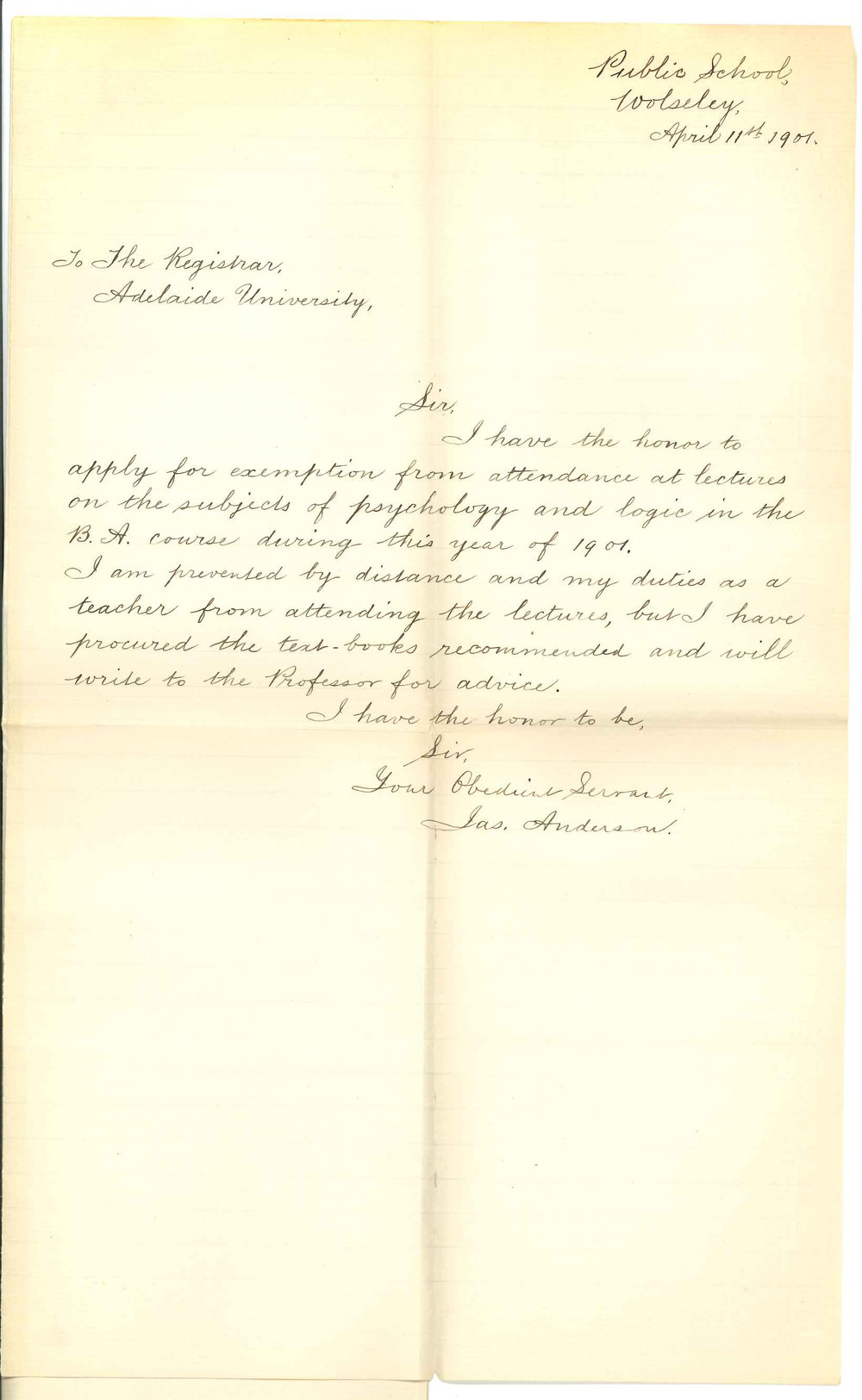 James Anderson - Wolseley - Exemption from attendance at Lectures on Logic and Psychology