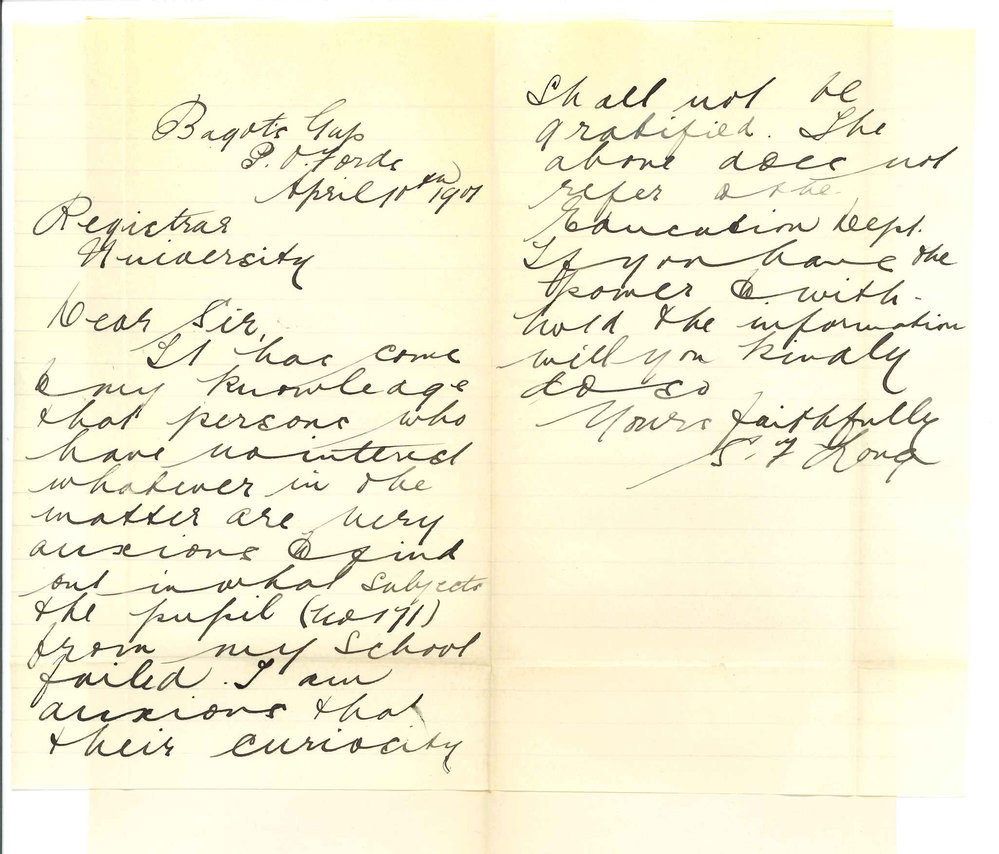 Miss S F Long - Bagots Gap - Concerning failure of candidate in Preliminary Examination