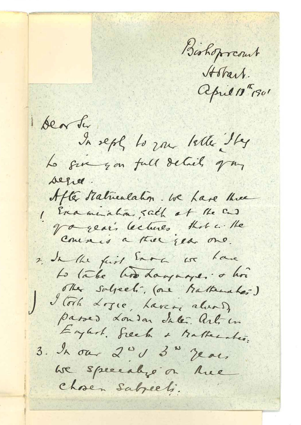 R W Bird BSc - Hobart - Details of work done in BSc Course at University of Tasmania