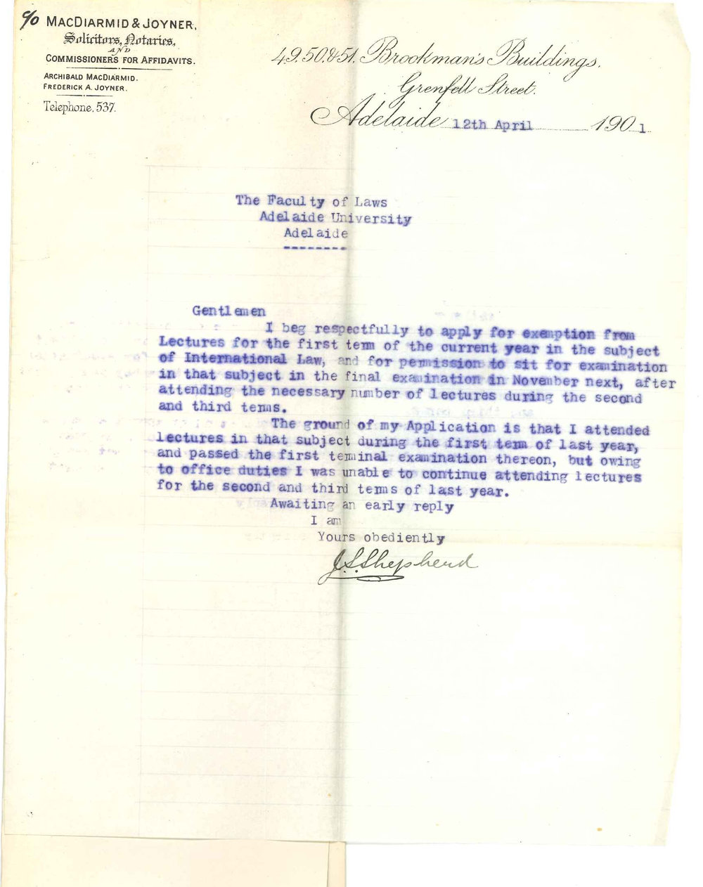 Joseph Scoresby Shepherd - Adelaide - Request for exemption from attendance at Lectures on International Law