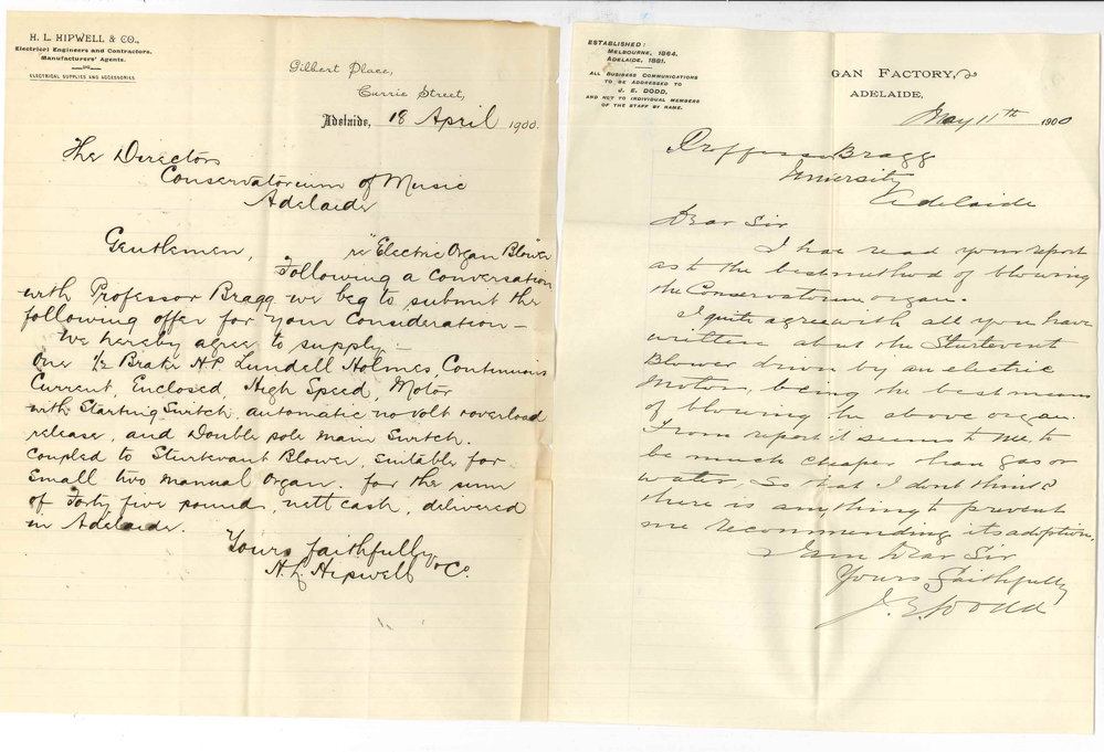 Professor William Henry Bragg - The University - Report organ blower for Conservatorium