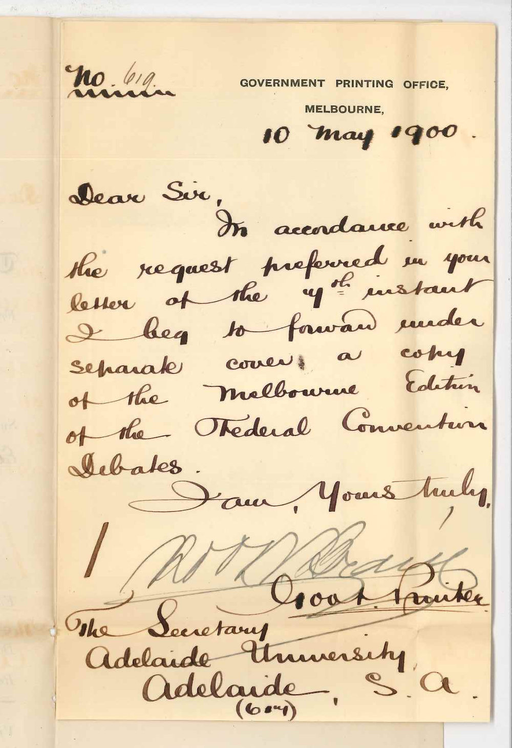 Government Printing Office - Melbourne - Forwarding Melbourne Edition of Federal Convention Debates