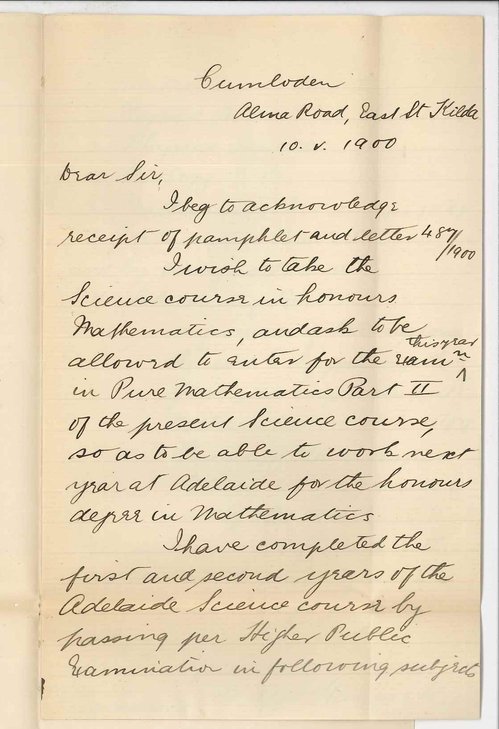 G Alfred Hancock - St Kilda Victoria - Concerning BSc course