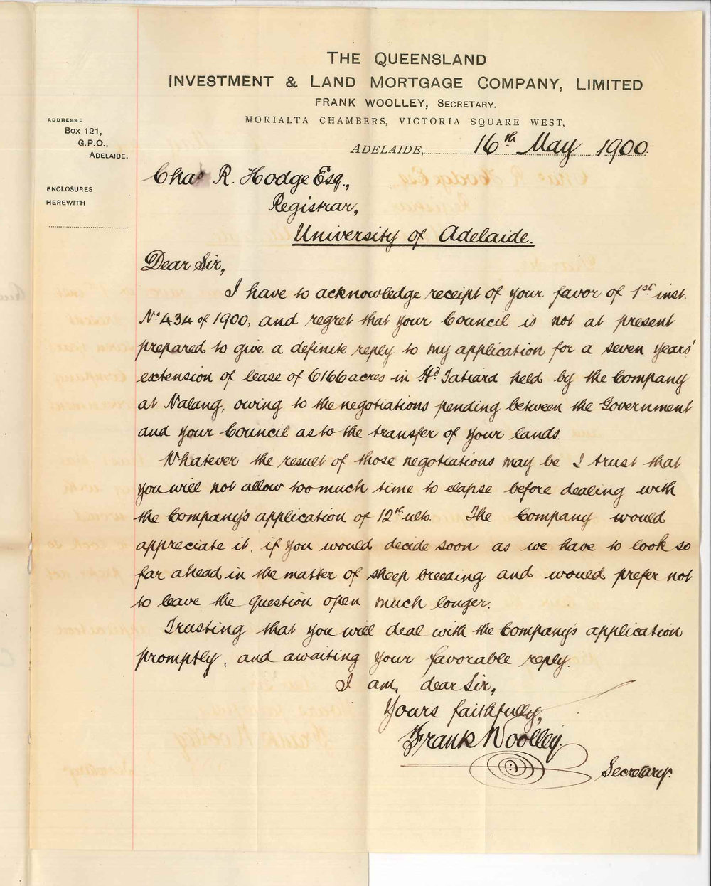 Frank Woolley - Secretary - Queensland Investment and Land Mortgage Company Ltd - Concerning extension of lease of land at Tatiara