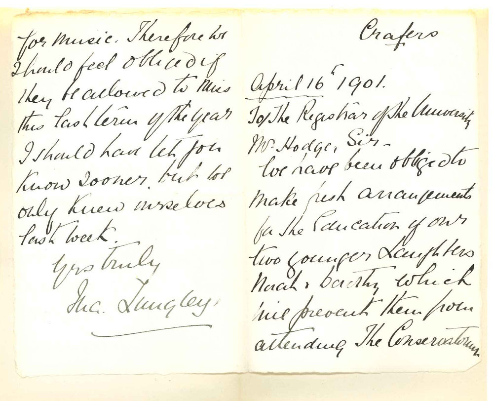 Mrs Lungley - Crafers - Misses Nora and Dorothy Lungley will not continue lessons at the Conservatorium