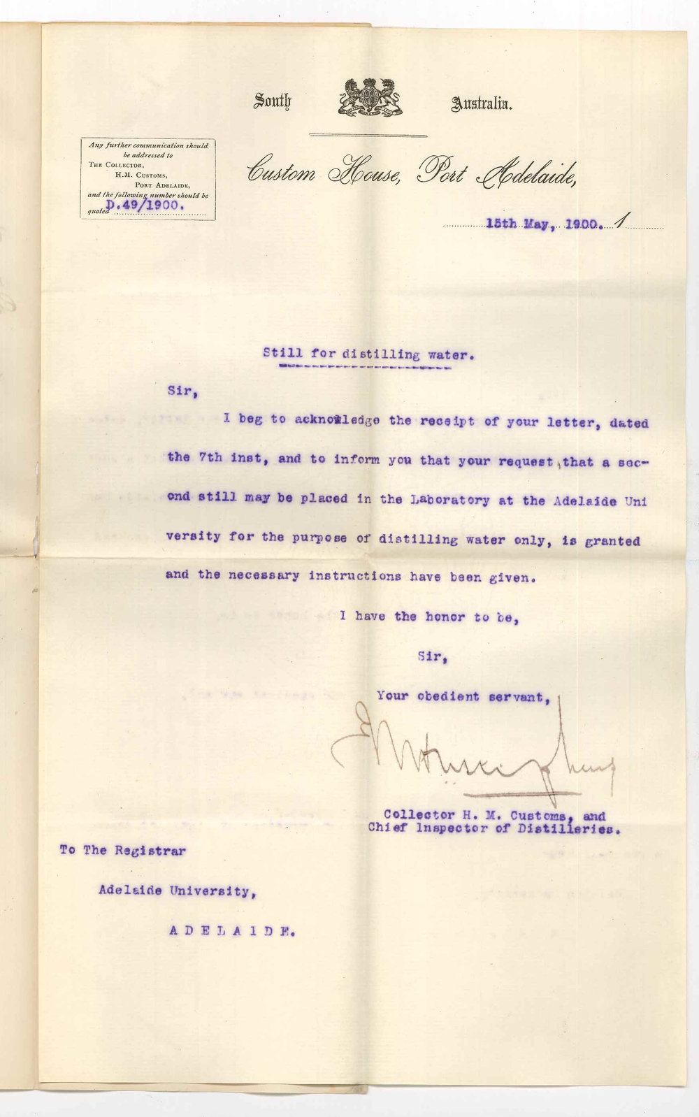T N Stephens - Collector H M Customs and Chief Inspector of Distilleries - Port Adelaide - Granting request for permission to place second sill in Chemical Laboratory