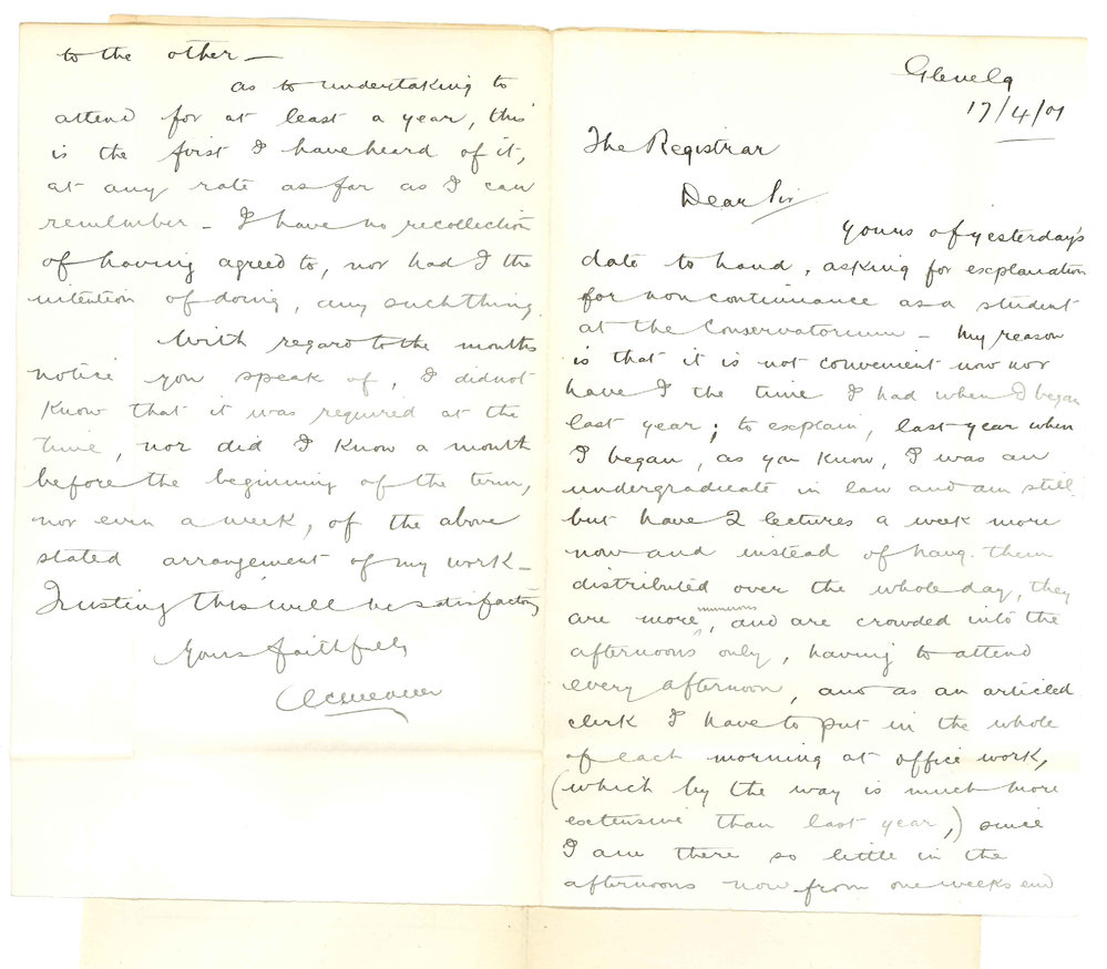 Alfred Charles Weaver - Reason of non attendance at Conservatorium