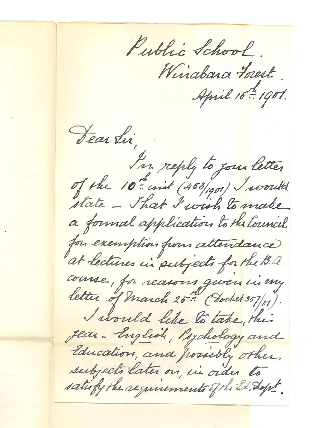 Thomas Symons Oborn - Wirrabara Forest - Exemption from attendance at lectures - Information re BA Course