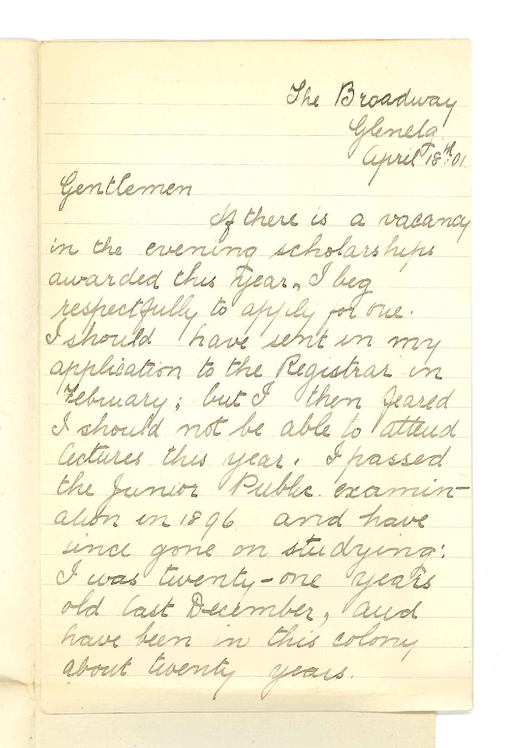 Miss Louise Maud Trehy - Glenelg - Application for an Evening Scholarship