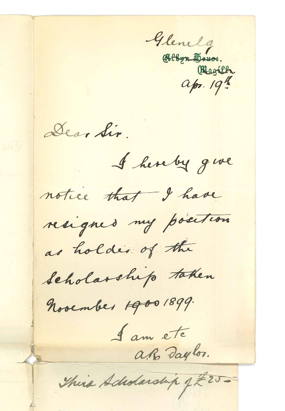 A R Taylor - Glenelg - Resigning University Scholarship
