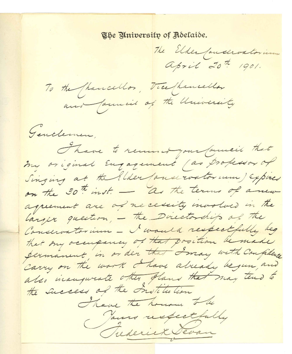 Frederick Bevan - The University - Conservatorium - Concerning appointment