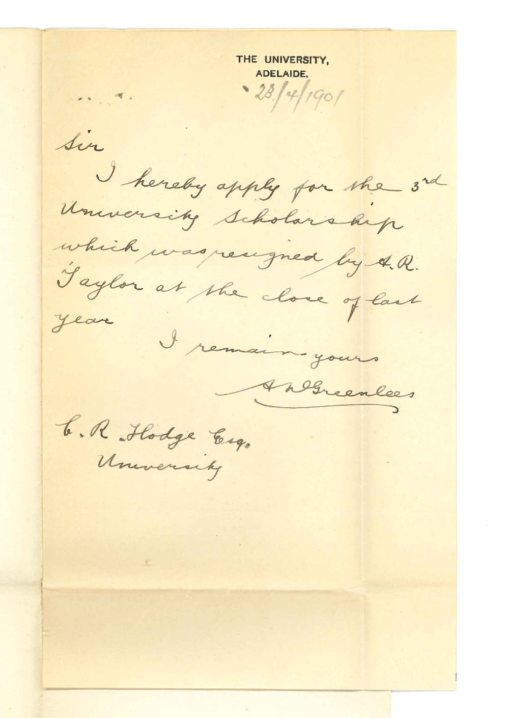 Alan David Greenlees - University - Application for 3rd University Scholarship