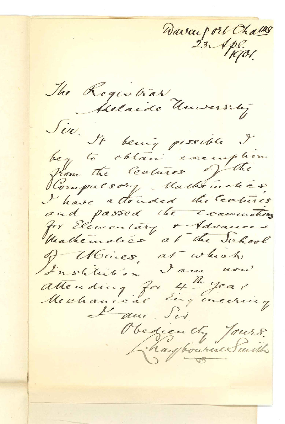 Louis Laybourne Smith - Adelaide - Exemption from attendance at Lectures on Compulsory Mathematics