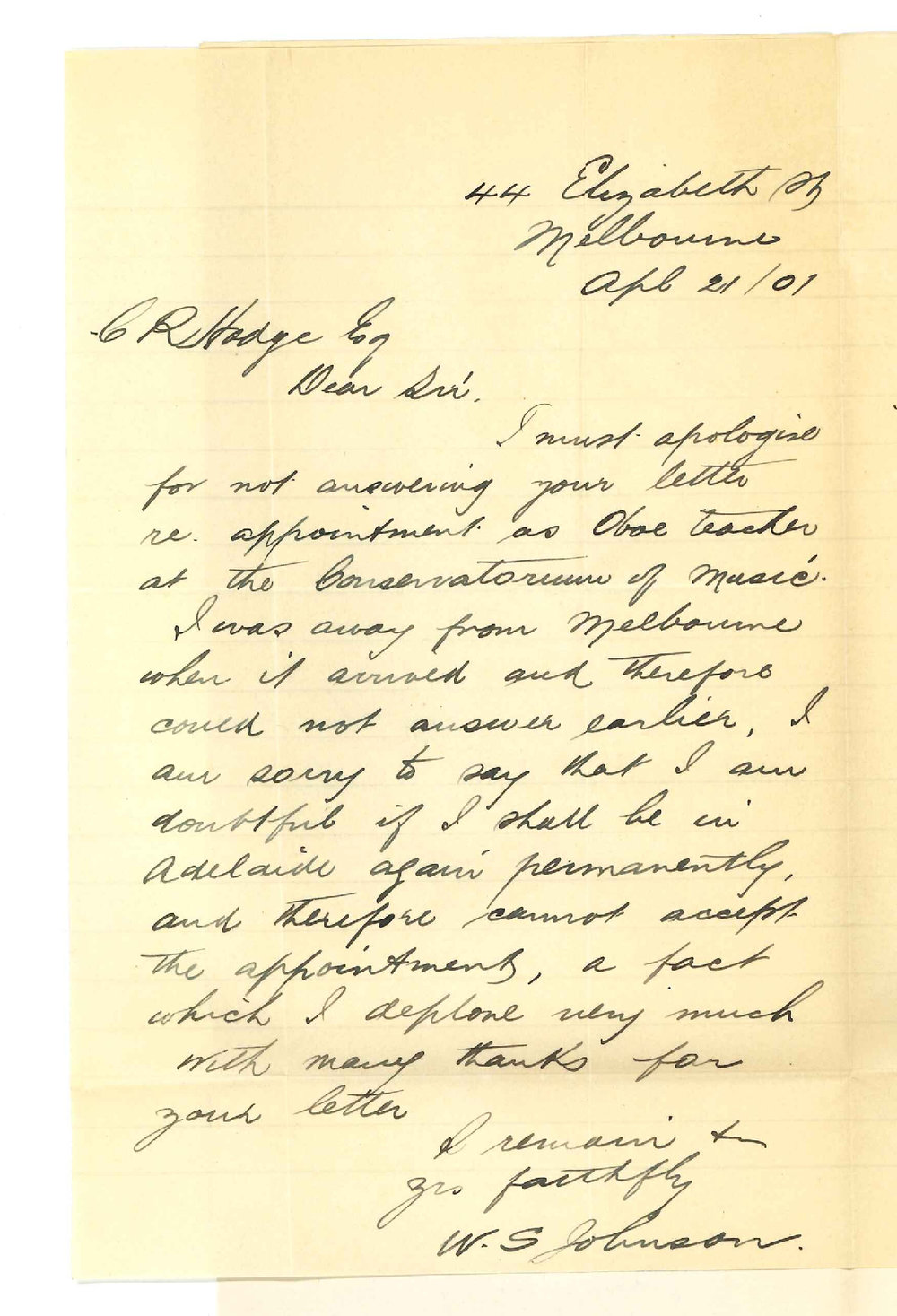 W S Johnson - Melbourne - Unable to accept appointment as Teacher of Oboe at the Conservatorium