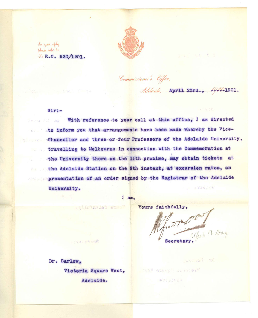 Alfred N Day - Secretary - Commissioner of Railways - Tickets will be issued to University reps travelling to Melbourne University at excursion rates
