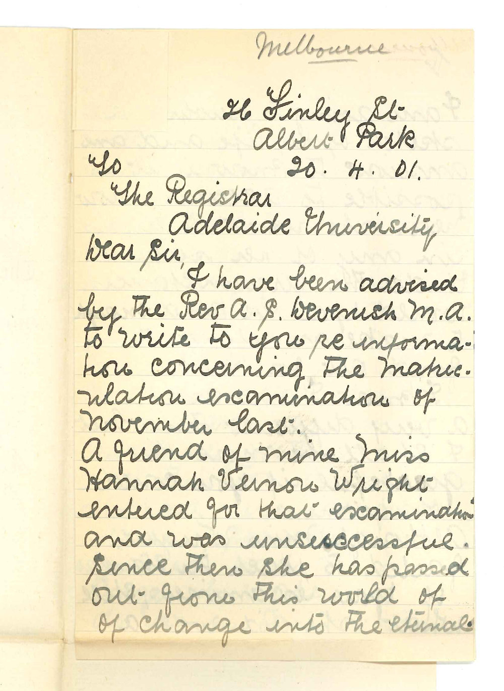 Miss Frances M Robertson - Melbourne - Failure of late Miss Hannah Vernon Wright in Senior Public Examination